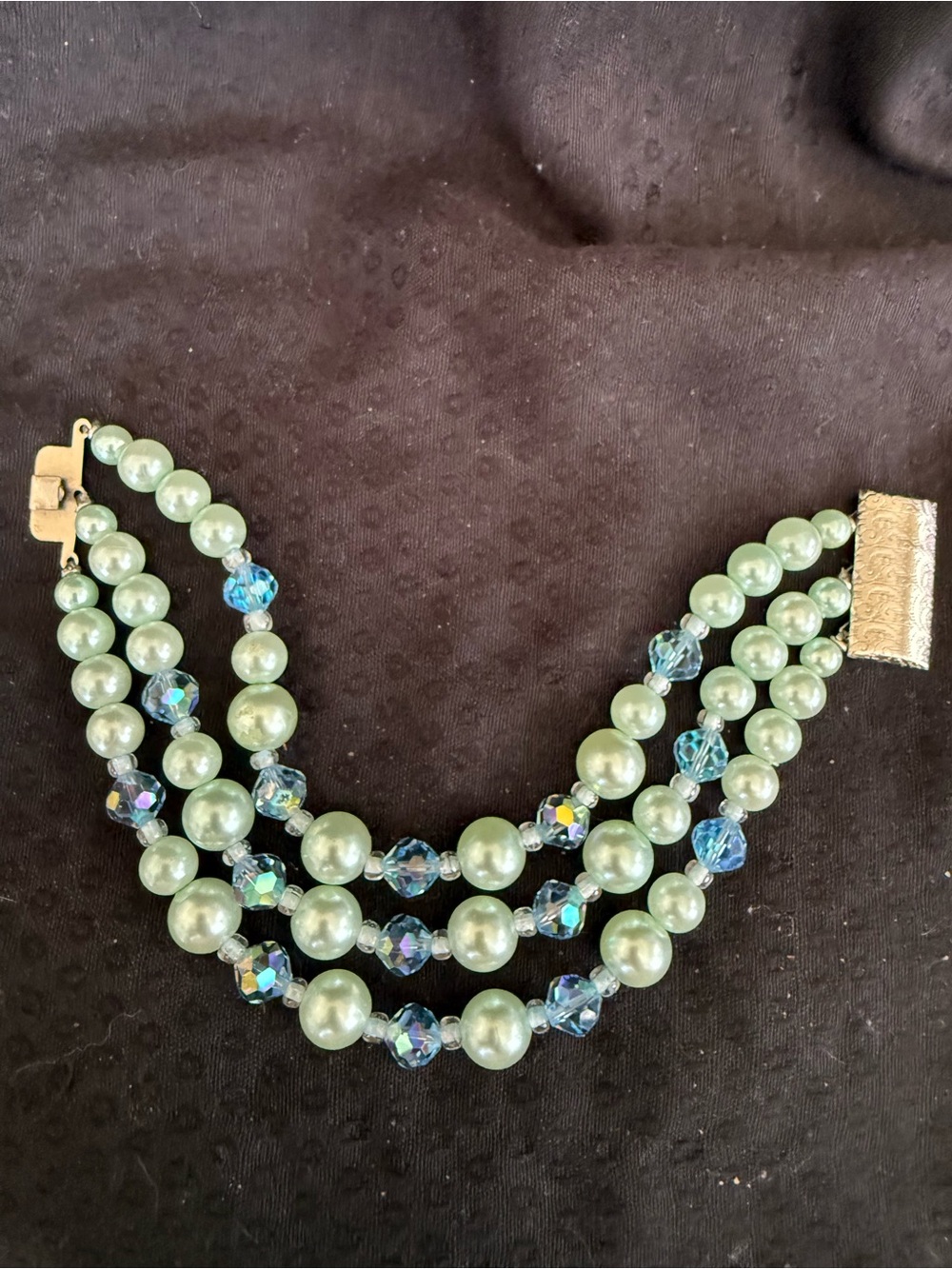 Mid Century Three-Strand Faux Mint Green Pearls and Aurora Borealis Glass Bracel